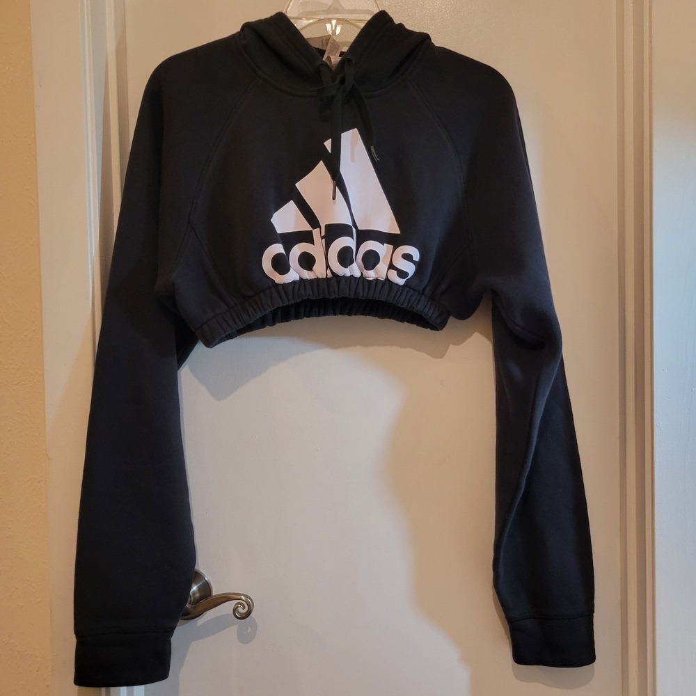Adidas Womens S Black Cropped Hoodie Streetwear Indie Athletic Workout Gym Cute